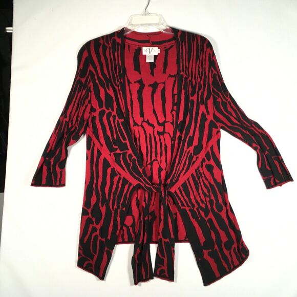 Variations Womens Size Medium Open Front Red Black Light Knit Cardigan Sweater - Picture 12 of 14